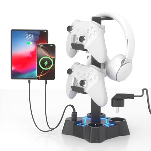 KDD Headset Halterung Led mit USB Ladestation, Controller Halterung & Kopfhörer Ständer Tisch mit 2 USB Anschlüssen & 3 EU Steckdosen, Headset Ständer & Controller Halter für Gamer PC Gaming Zubehör Bild 1