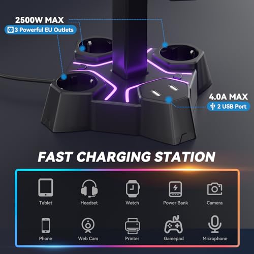KDD Headset Halterung Led mit USB Ladestation, Controller Halterung & Kopfhörer Ständer Tisch mit 2 USB Anschlüssen & 3 EU Steckdosen, Headset Ständer & Controller Halter für Gamer PC Gaming Zubehör Bild 2