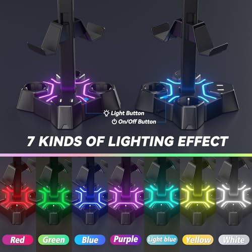 KDD Headset Halterung Led mit USB Ladestation, Controller Halterung & Kopfhörer Ständer Tisch mit 2 USB Anschlüssen & 3 EU Steckdosen, Headset Ständer & Controller Halter für Gamer PC Gaming Zubehör Bild 3
