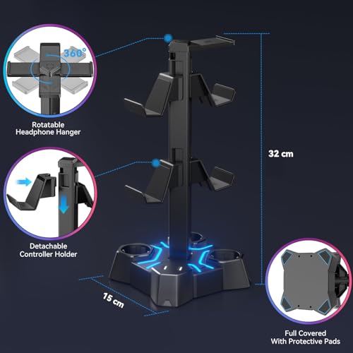 KDD Headset Halterung Led mit USB Ladestation, Controller Halterung & Kopfhörer Ständer Tisch mit 2 USB Anschlüssen & 3 EU Steckdosen, Headset Ständer & Controller Halter für Gamer PC Gaming Zubehör Bild 4