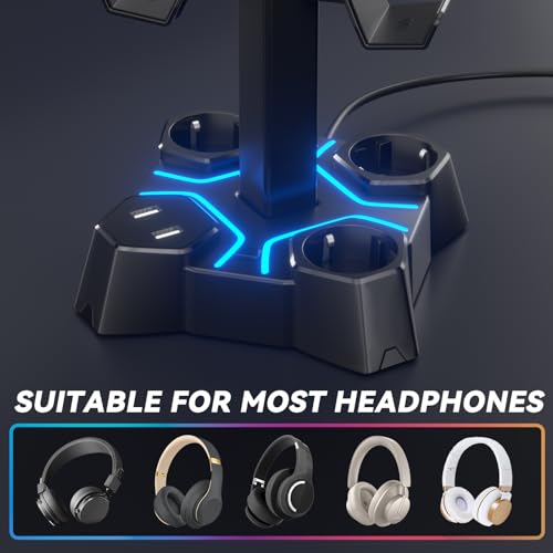 KDD Headset Halterung Led mit USB Ladestation, Controller Halterung & Kopfhörer Ständer Tisch mit 2 USB Anschlüssen & 3 EU Steckdosen, Headset Ständer & Controller Halter für Gamer PC Gaming Zubehör Bild 5