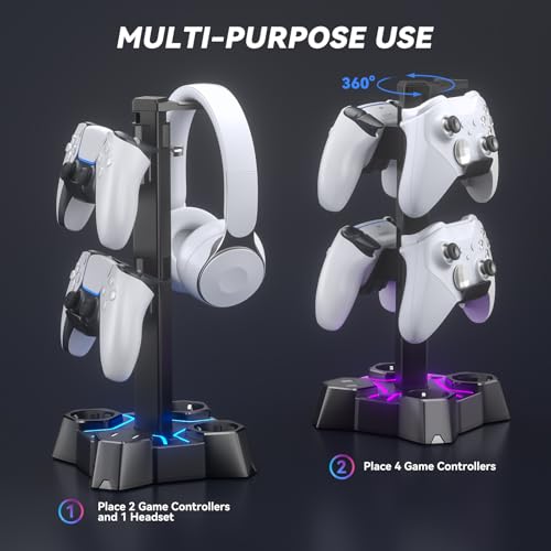 KDD Headset Halterung Led mit USB Ladestation, Controller Halterung & Kopfhörer Ständer Tisch mit 2 USB Anschlüssen & 3 EU Steckdosen, Headset Ständer & Controller Halter für Gamer PC Gaming Zubehör Bild 6