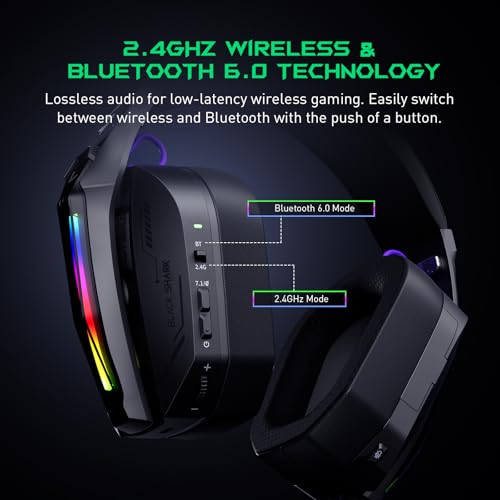 Black Shark Wireless Gaming Headset, Bluetooth 6.0 Gaming Kopfhörer Kabellos mit USB- und Typ-C-Anschluss, 7.1 Surround Sound für PC, PS5, PS4, Mikrofon mit Geräuschunterdrückung, Goblin X8 (Schwarz) Bild 4