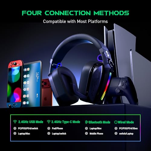 Black Shark Wireless Gaming Headset, Bluetooth 6.0 Gaming Kopfhörer Kabellos mit USB- und Typ-C-Anschluss, 7.1 Surround Sound für PC, PS5, PS4, Mikrofon mit Geräuschunterdrückung, Goblin X8 (Schwarz) Bild 5