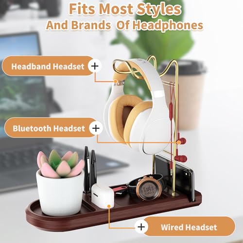 Kopfhörerständer aus Holz für Schreibtisch, Headset-Halter mit Aufbewahrungsbasis, Game-Controller und Headset-Ständer für Airpod Max und mehr, Desktop-Kopfhörer-Aufhänger für Gaming, Büro Bild 3
