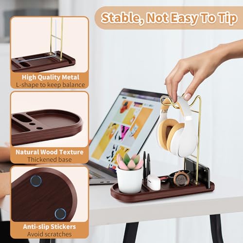 Kopfhörerständer aus Holz für Schreibtisch, Headset-Halter mit Aufbewahrungsbasis, Game-Controller und Headset-Ständer für Airpod Max und mehr, Desktop-Kopfhörer-Aufhänger für Gaming, Büro Bild 5