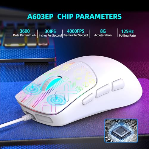 Denash Kabelgebundene Gaming-Maus, RGB-Maus mit 4 Einstellbaren Geschwindigkeiten, Mehrfarbige LED-Leuchten, Passt Unter die Handfläche, kein Treiber Erforderlich, USB 2.0, 3600 (White) Bild 5