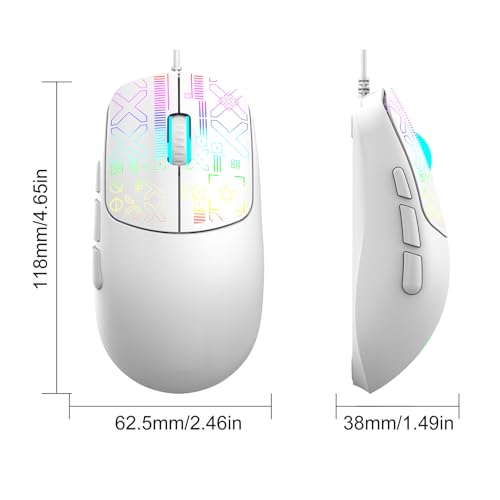 Denash Kabelgebundene Gaming-Maus, RGB-Maus mit 4 Einstellbaren Geschwindigkeiten, Mehrfarbige LED-Leuchten, Passt Unter die Handfläche, kein Treiber Erforderlich, USB 2.0, 3600 (White) Bild 6
