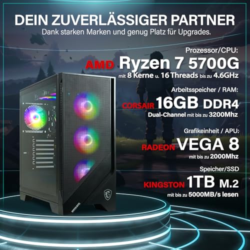 HYPER BYTE - Gaming PC - Komplett Set mit AMD Ryzen 7 5700G | 4,6 GHz | Vega 8 | 16GB DDR4 RAM | 1TB SSD | Wasserkühlung | 25 Zoll Monitor | Maus & Tastatur | WLAN | Win11 Pro | All in One Desktop Bild 2