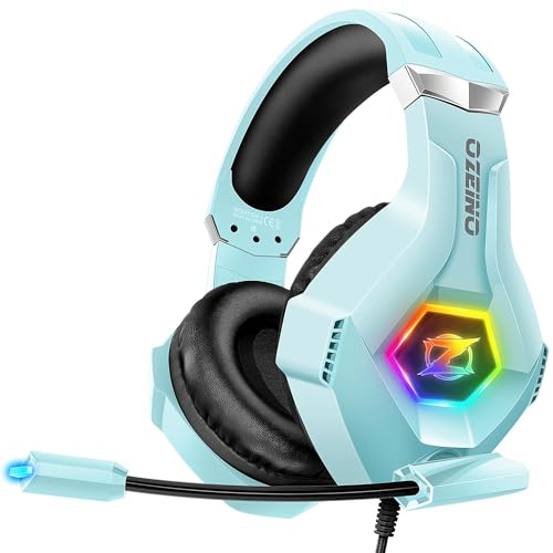 Ozeino Gaming Headset für PS4 PS5 PC, Kopfhörer mit Mikrofon, Geräuschunterdrückung, 3D Surround Sound, Komfort-Kopfhörer mit RGB-LED, Hellblau Bild 1