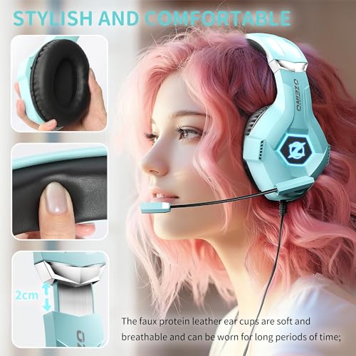 Ozeino Gaming Headset für PS4 PS5 PC, Kopfhörer mit Mikrofon, Geräuschunterdrückung, 3D Surround Sound, Komfort-Kopfhörer mit RGB-LED, Hellblau Bild 2