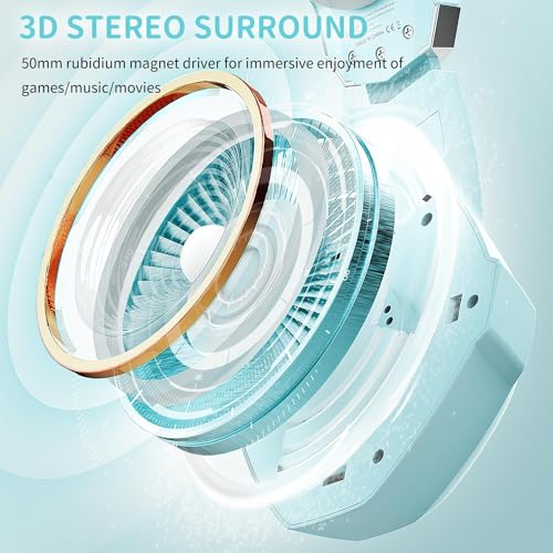 Ozeino Gaming Headset für PS4 PS5 PC, Kopfhörer mit Mikrofon, Geräuschunterdrückung, 3D Surround Sound, Komfort-Kopfhörer mit RGB-LED, Hellblau Bild 3