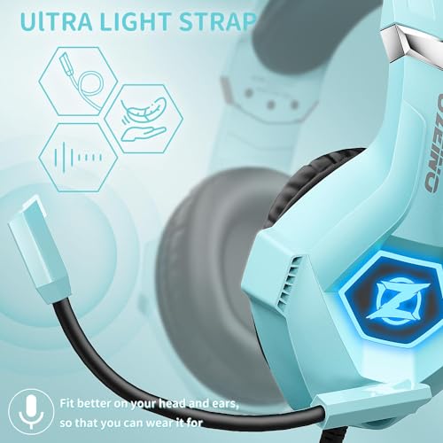 Ozeino Gaming Headset für PS4 PS5 PC, Kopfhörer mit Mikrofon, Geräuschunterdrückung, 3D Surround Sound, Komfort-Kopfhörer mit RGB-LED, Hellblau Bild 4