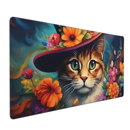 Mauspad XXL 1000x500mm, Katze Mousepad XXL Mauspad Gaming Blumen Mouse Pad mit Genähten Kanten, Rutschfest und Wasserabweisend Schreibtisch Unterlage Groß Desk Mat für Tastatur und Maus -MP686 Bild 2