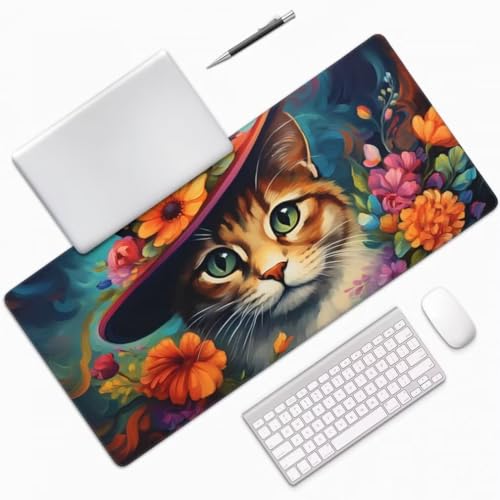Mauspad XXL 1000x500mm, Katze Mousepad XXL Mauspad Gaming Blumen Mouse Pad mit Genähten Kanten, Rutschfest und Wasserabweisend Schreibtisch Unterlage Groß Desk Mat für Tastatur und Maus -MP686 Bild 3