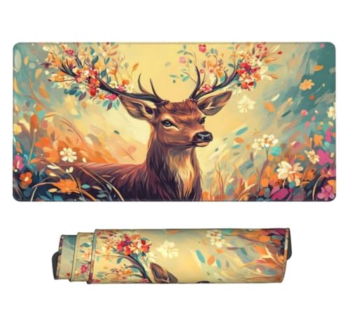 Mauspad XXL 1000x500mm, Hirsch Mousepad XXL Mauspad Gaming Blumenmuster Mouse Pad mit Genähten Kanten, Rutschfest und Wasserabweisend Schreibtisch Unterlage Groß Desk Mat für Tastatur und Maus -MP700 Bild 2