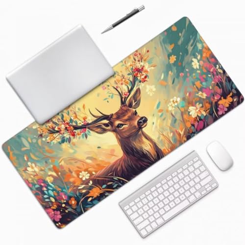 Mauspad XXL 1000x500mm, Hirsch Mousepad XXL Mauspad Gaming Blumenmuster Mouse Pad mit Genähten Kanten, Rutschfest und Wasserabweisend Schreibtisch Unterlage Groß Desk Mat für Tastatur und Maus -MP700 Bild 3