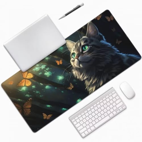 Mauspad XXL 1000x500mm, Katze Mousepad XXL Mauspad Gaming Schmetterling Mouse Pad mit Genähten Kanten, Rutschfest und Wasserabweisend Schreibtisch Unterlage Groß Desk Mat für Tastatur und Maus -MP710 Bild 3
