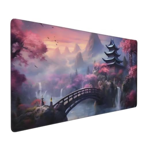 Mauspad XXL 1000x500mm, Kirschblütenbrücke Mousepad XXL Mauspad Gaming Japanisch Mouse Pad mit Genähten Kanten, Rutschfest Schreibtisch Unterlage Groß Desk Mat für Tastatur und Maus PC Zubehör -MP736 Bild 1