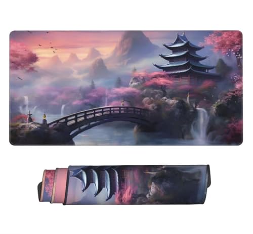 Mauspad XXL 1000x500mm, Kirschblütenbrücke Mousepad XXL Mauspad Gaming Japanisch Mouse Pad mit Genähten Kanten, Rutschfest Schreibtisch Unterlage Groß Desk Mat für Tastatur und Maus PC Zubehör -MP736 Bild 2
