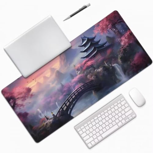 Mauspad XXL 1000x500mm, Kirschblütenbrücke Mousepad XXL Mauspad Gaming Japanisch Mouse Pad mit Genähten Kanten, Rutschfest Schreibtisch Unterlage Groß Desk Mat für Tastatur und Maus PC Zubehör -MP736 Bild 3