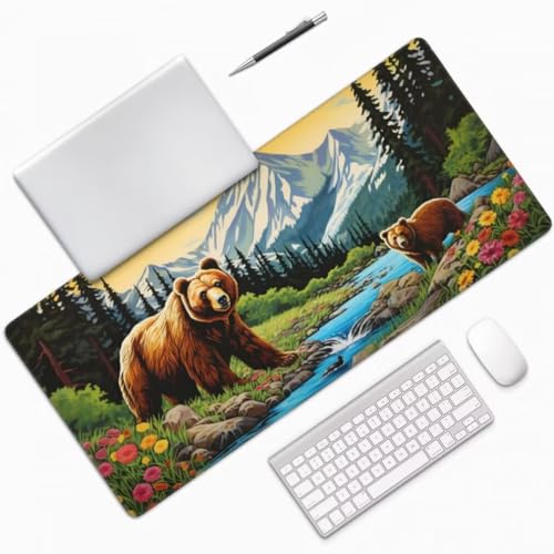 Mauspad XXL 1000x500mm, Schneebedeckter Berg Mousepad XXL Mauspad Gaming Flussbär Mouse Pad mit Genähten Kanten, Rutschfest Schreibtisch Unterlage Groß Desk Mat für Tastatur, Maus, PC Zubehör -MP734 Bild 3