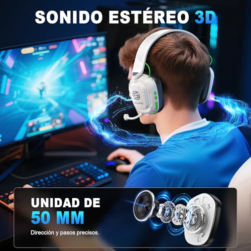2,4GHz Wireless Gaming Headset für PS5, PS4, Switch, Mac, PC, Ultra-Niedriglatenz, 50+ Std. Batterie, Stereo Sound Bluetooth Gaming Kopfhörer mit Noise-Canceling Mikrofon, Helles Schwarz Weiß Bild 2