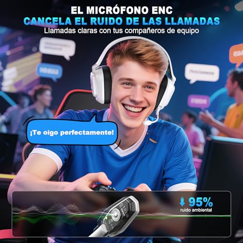 2,4GHz Wireless Gaming Headset für PS5, PS4, Switch, Mac, PC, Ultra-Niedriglatenz, 50+ Std. Batterie, Stereo Sound Bluetooth Gaming Kopfhörer mit Noise-Canceling Mikrofon, Helles Schwarz Weiß Bild 4