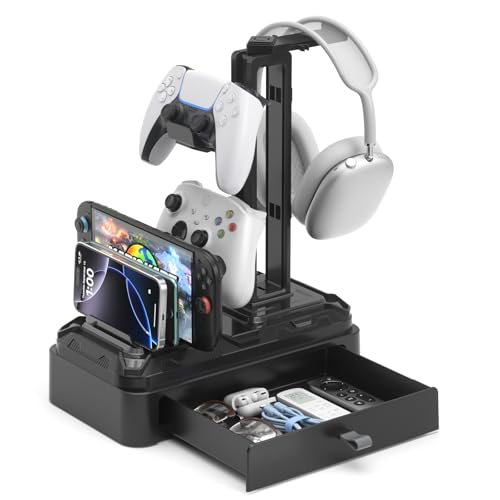 KDD Kopfhörer Ständer Gaming mit Schublade - Drehbare Headset Halterung Tisch & Controller Halter PS5 mit Geräteschlitz für Handy Tablet - Universal Headset Ständer für Alle Kopfhörer Gaming Zubehör Bild 1
