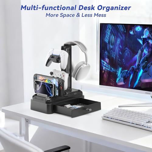 KDD Kopfhörer Ständer Gaming mit Schublade - Drehbare Headset Halterung Tisch & Controller Halter PS5 mit Geräteschlitz für Handy Tablet - Universal Headset Ständer für Alle Kopfhörer Gaming Zubehör Bild 2