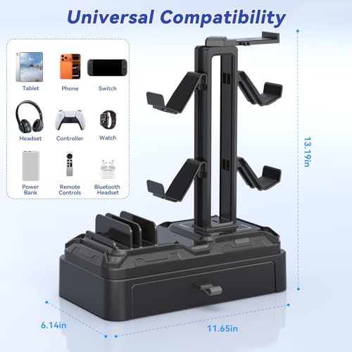 KDD Kopfhörer Ständer Gaming mit Schublade - Drehbare Headset Halterung Tisch & Controller Halter PS5 mit Geräteschlitz für Handy Tablet - Universal Headset Ständer für Alle Kopfhörer Gaming Zubehör Bild 3