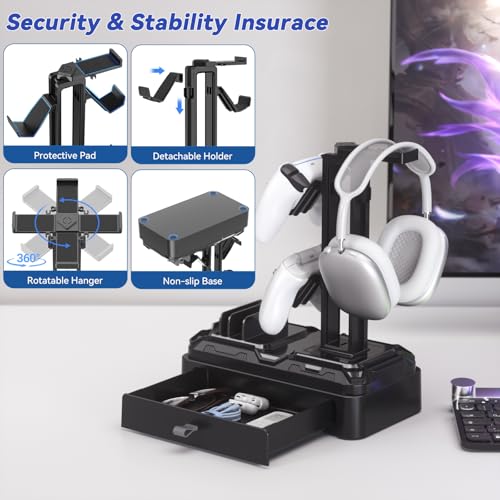 KDD Kopfhörer Ständer Gaming mit Schublade - Drehbare Headset Halterung Tisch & Controller Halter PS5 mit Geräteschlitz für Handy Tablet - Universal Headset Ständer für Alle Kopfhörer Gaming Zubehör Bild 4