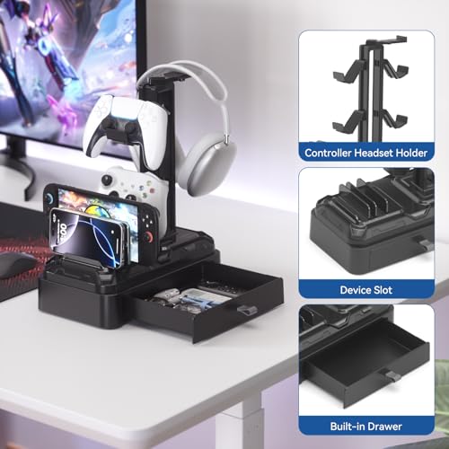 KDD Kopfhörer Ständer Gaming mit Schublade - Drehbare Headset Halterung Tisch & Controller Halter PS5 mit Geräteschlitz für Handy Tablet - Universal Headset Ständer für Alle Kopfhörer Gaming Zubehör Bild 5