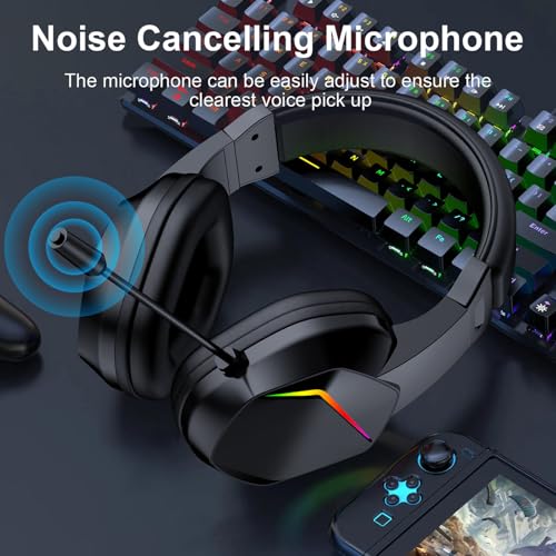 Goshyda Kabelloses Gaming-Headset mit RGB-LED-Leuchten, Over-Ear-Kopfhörer mit Geringer Latenz und Omnidirektionalem Mikrofon, BT-Headset für PC, PS, Mobilgeräte (Schwarz + kabellose BT-Version) Bild 2