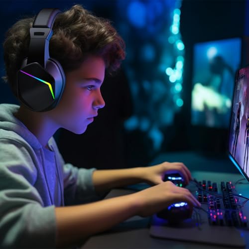 Goshyda Kabelloses Gaming-Headset mit RGB-LED-Leuchten, Over-Ear-Kopfhörer mit Geringer Latenz und Omnidirektionalem Mikrofon, BT-Headset für PC, PS, Mobilgeräte (Schwarz + kabellose BT-Version) Bild 5