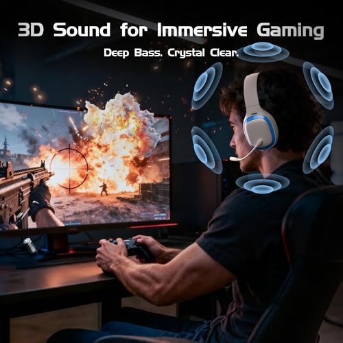 Gaming-Headset, 2,4 GHz kabelloses Gaming-Headset für PS5, PS4, PC, Mac, Bluetooth 5.4 Gaming-Kopfhörer mit Geräuschunterdrückungs-Mikrofon, 70H Akku, Surround-Sound, flach aufliegend Bild 7