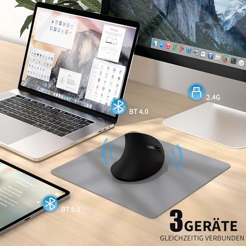 Uineer Vertikale Ergonomische Funkmaus 【Verbesserter Komfort】, leichtes und leises Design, wiederaufladbar via Bluetooth, RGB-Beleuchtung, ideal fürs Büro, kompatibel mit PC, Laptop und Mac. Bild 2