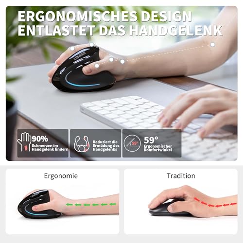 Uineer Vertikale Ergonomische Funkmaus 【Verbesserter Komfort】, leichtes und leises Design, wiederaufladbar via Bluetooth, RGB-Beleuchtung, ideal fürs Büro, kompatibel mit PC, Laptop und Mac. Bild 3