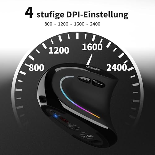 Uineer Vertikale Ergonomische Funkmaus 【Verbesserter Komfort】, leichtes und leises Design, wiederaufladbar via Bluetooth, RGB-Beleuchtung, ideal fürs Büro, kompatibel mit PC, Laptop und Mac. Bild 4