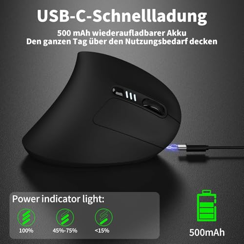 Uineer Vertikale Ergonomische Funkmaus 【Verbesserter Komfort】, leichtes und leises Design, wiederaufladbar via Bluetooth, RGB-Beleuchtung, ideal fürs Büro, kompatibel mit PC, Laptop und Mac. Bild 5