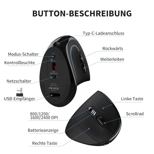Uineer Vertikale Ergonomische Funkmaus 【Verbesserter Komfort】, leichtes und leises Design, wiederaufladbar via Bluetooth, RGB-Beleuchtung, ideal fürs Büro, kompatibel mit PC, Laptop und Mac. Bild 6