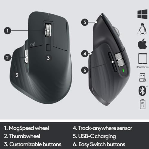 Logitech MX Master 3 Kabellose Maus, Bluetooth und 2.4 GHz Verbindung via USB-Empfänger, 4000 DPI Sensor, Ultra-schnelles Scrollen, 7 Tasten, PC/Mac/iPadOS - Graphit [Bulkversion - Ohne Verpackung] Bild 7