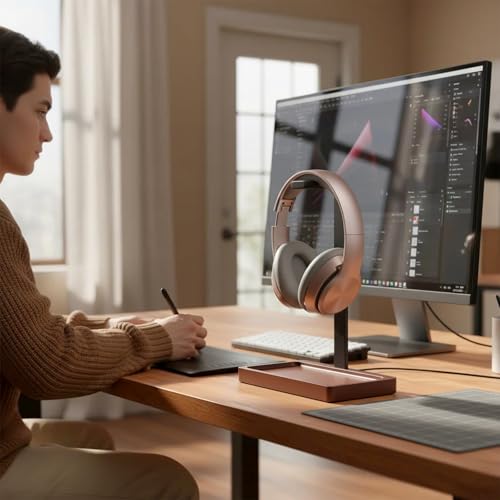 Walnussholz-Headset-Halter, Desktop-Kopfhörerständer, universeller Kopfhörerhalter mit Aufbewahrungsbasis für Gaming, Musik-Headsets Bild 2