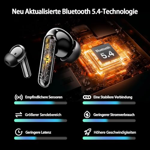 Bluetooth Kopfhörer In Ear, Kabellose Kopfhörer Bluetooth 5.4 mit 4 ENC Mikrofonen, 46 Std Spielzeit LED-Display, IP7 Wasserdicht, Tiefer Bass Touch-Steuerung für Sport Arbeit Reisen, Schwarz Bild 3