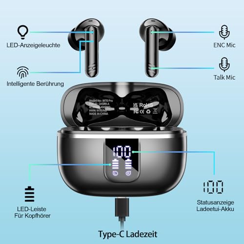 Bluetooth Kopfhörer In Ear, Kabellose Kopfhörer Bluetooth 5.4 mit 4 ENC Mikrofonen, 46 Std Spielzeit LED-Display, IP7 Wasserdicht, Tiefer Bass Touch-Steuerung für Sport Arbeit Reisen, Schwarz Bild 4