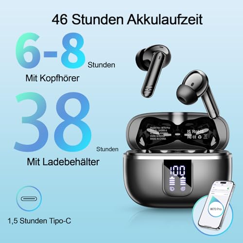 Bluetooth Kopfhörer In Ear, Kabellose Kopfhörer Bluetooth 5.4 mit 4 ENC Mikrofonen, 46 Std Spielzeit LED-Display, IP7 Wasserdicht, Tiefer Bass Touch-Steuerung für Sport Arbeit Reisen, Schwarz Bild 5
