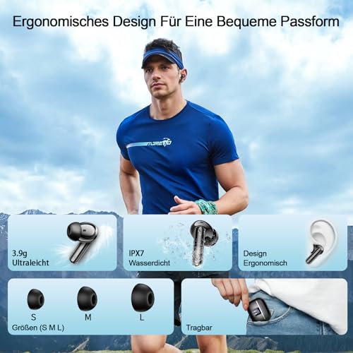 Bluetooth Kopfhörer In Ear, Kabellose Kopfhörer Bluetooth 5.4 mit 4 ENC Mikrofonen, 46 Std Spielzeit LED-Display, IP7 Wasserdicht, Tiefer Bass Touch-Steuerung für Sport Arbeit Reisen, Schwarz Bild 6