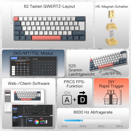 Redragon K617 HE 8000Hz Rapid Trigger-Tastatur, QWERTZ-Layout Kabelgebundene RGB 60% Gaming-Tastatur mit Magnetic Switches, Ultra-kompakt 62 Tasten, Einstellbarer Betätigungsweg, Software unterstützt Bild 2