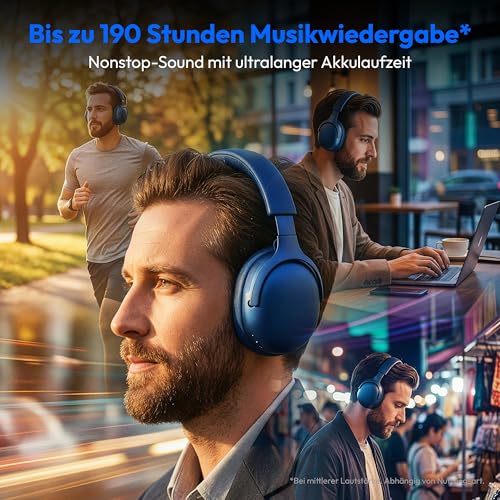 MEDION Over Ear Kopfhörer HX-1 Pro (kabellos, Hybrid Active Noise Cancelling ANC, Bluetooth 6.0, Wireless, 7+1 EQ Presets, bis zu 190 Stunden Akkulaufzeit, IPX4 Spritzwasserschutz) blau Bild 2