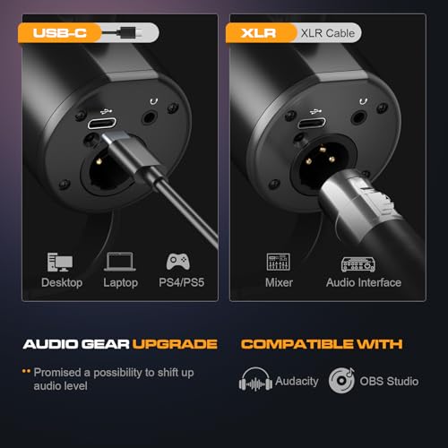 Ortizan XLR/USB Dynamische Mikrofone, Gaming Mikrofon mit Stummschalttaste und Arm, Hall-Effekten, Rauschunterdrückung, Kopfhöreranschluss, Podcast Mikrofon für Streaming/Aufnahmen/Gesang - Schwarz Bild 6